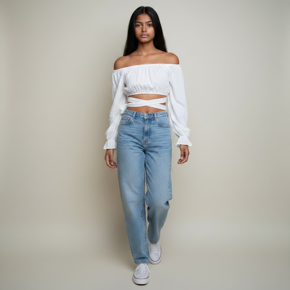 DISSH White Cotton Wrap Tie Back Crop Top Long Sleeve Off Shoulder Gauze Size 10